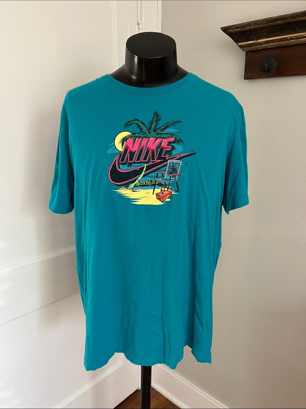 Men’s Nike Teal Short Sleeve Beach Graphic Tee with Neon Accents